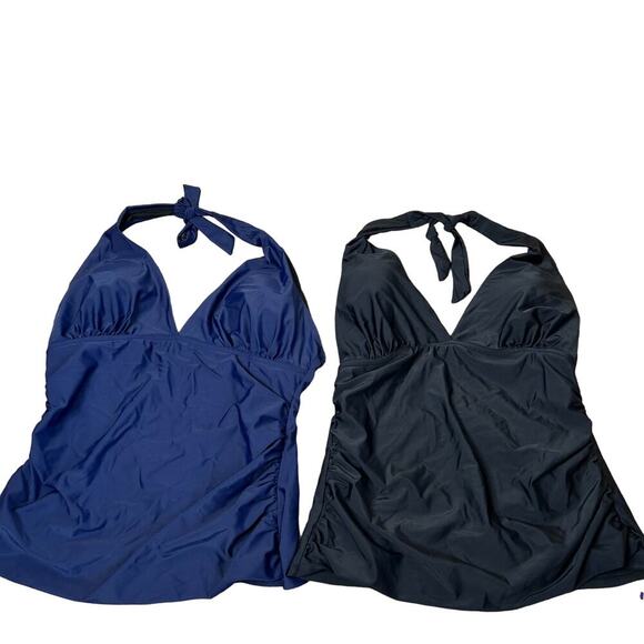 Set of 2 Tankini swimsuit tops ruched sides slimming halter neck Navy blue/black - Picture 1 of 6